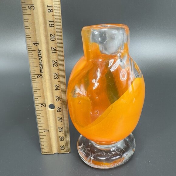 Vintage Hand Blown Art Glass Bud Vase Heavy Paperweight Signed Abstract Shape - Picture 2 of 10